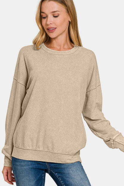 Zenana Washed Round Neck Dropped Shoulder Sweatshirt