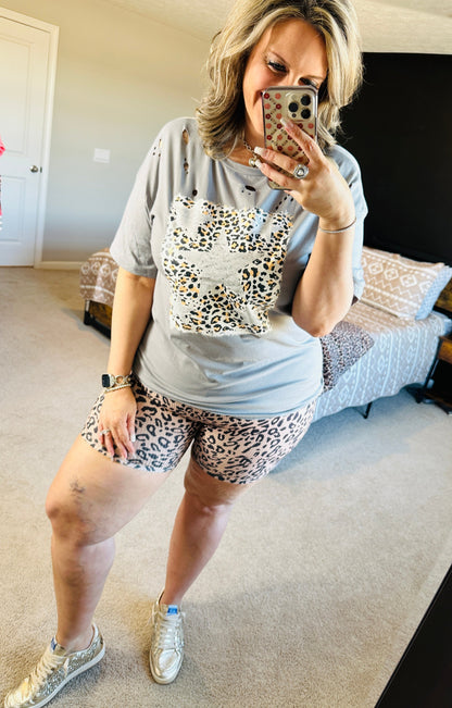 Leopard Stars Distressed Graphic Tee