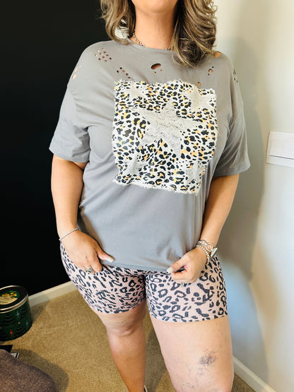 Leopard Stars Distressed Graphic Tee