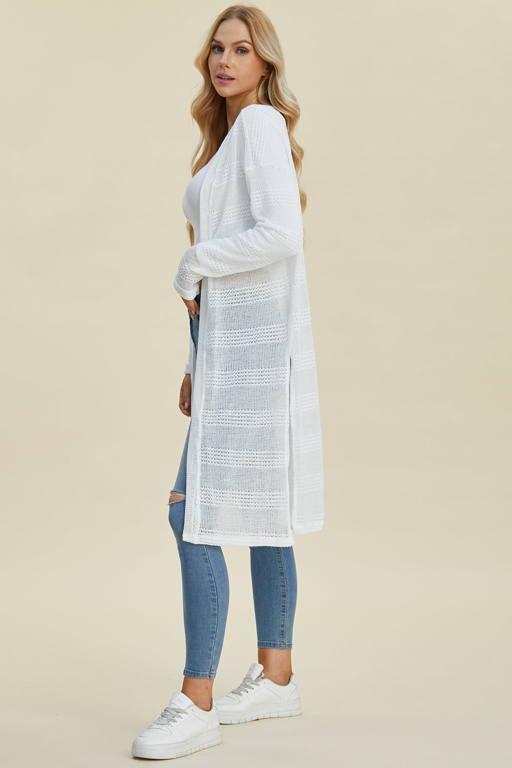 Double Take Full Size Open Front Longline Cardigan